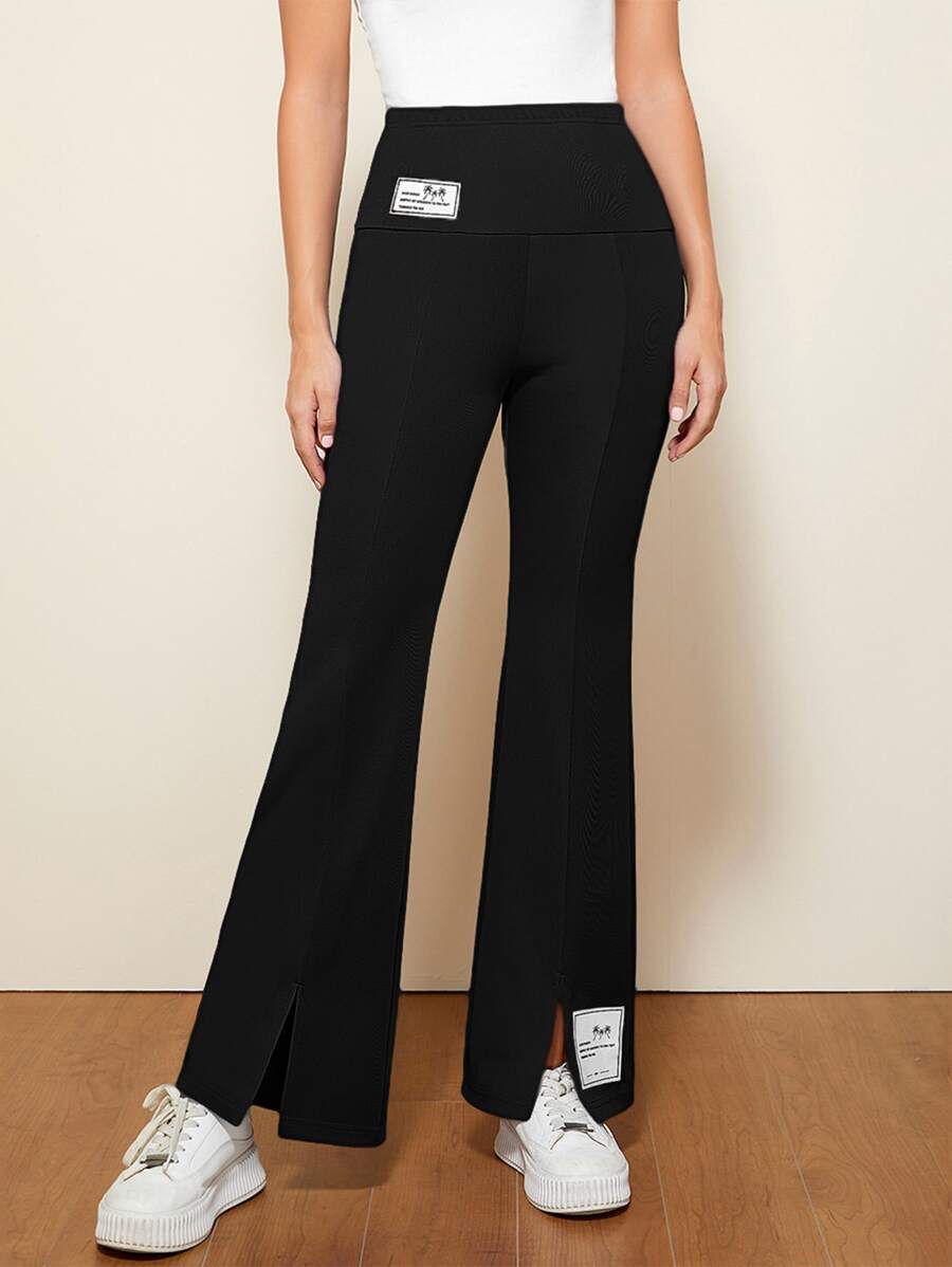 Mulvari 字母貼布下擺開叉喇叭褲 - 黑色 - 查看 1