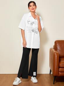 Mulvari 字母貼布下擺開叉喇叭褲 - 黑色 - 查看 5