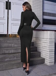 SHEIN BAE Mock Neck Split Back Belted Bodycon Dress - Black - View 2