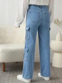 SHEIN 青少年女孩翻蓋口袋工裝牛仔褲