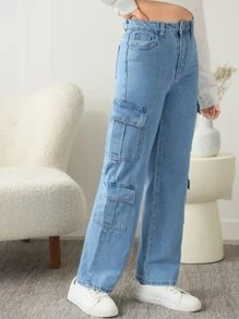 SHEIN 青少年女孩翻蓋口袋工裝牛仔褲