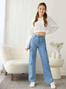 SHEIN 青少年女孩翻蓋口袋工裝牛仔褲