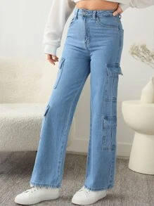 SHEIN 青少年女孩翻蓋口袋工裝牛仔褲