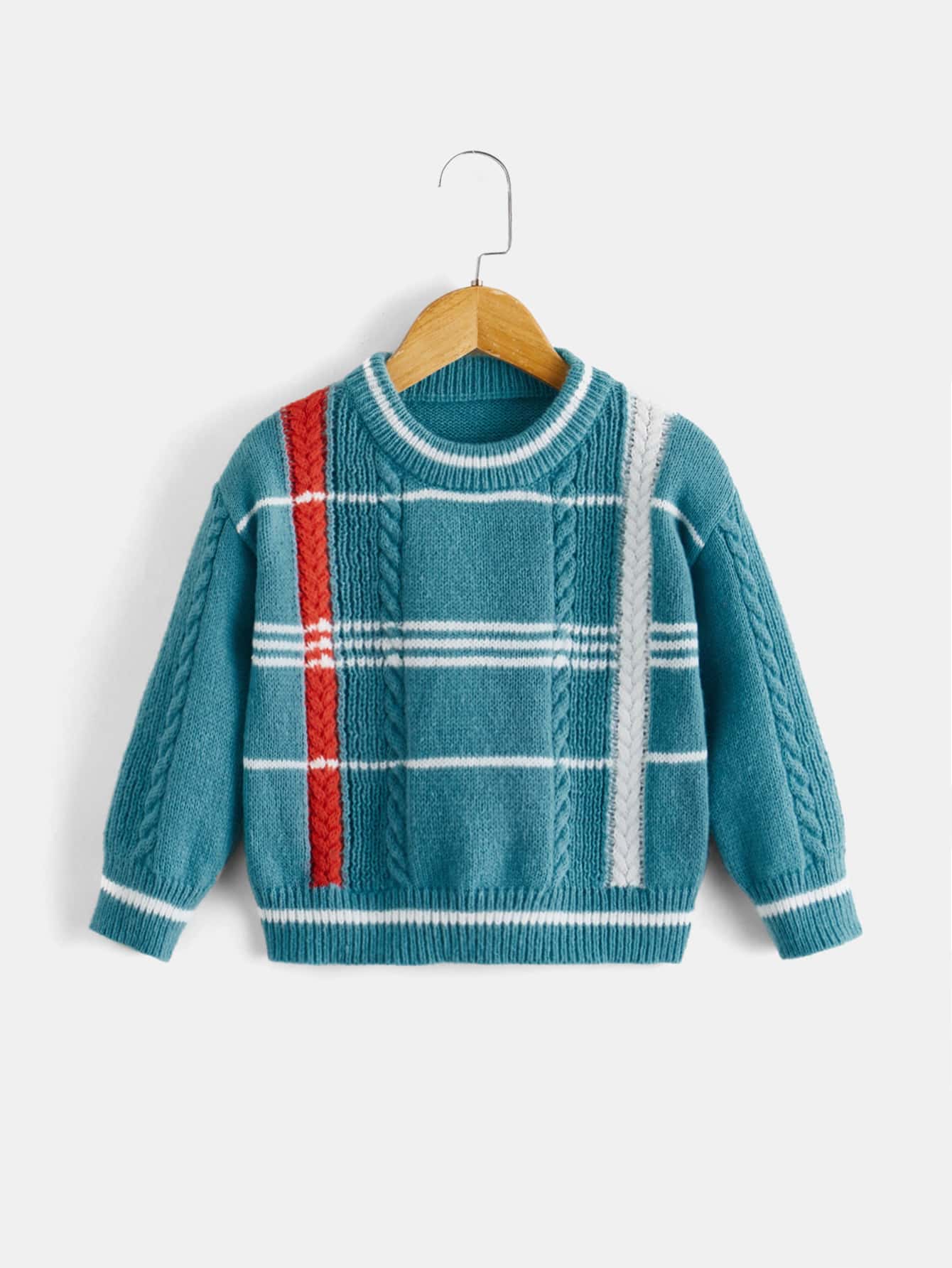 Toddler Boys Plaid Pattern Cable Knit Jumper - Cadet Blue - View 1