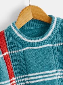 Toddler Boys Plaid Pattern Cable Knit Jumper - Cadet Blue - View 4