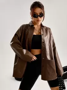 SHEIN EZwear 秋冬单排扣贴袋PU皮大衣 - 巧克力棕 - 查看 3