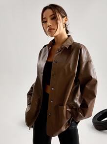 SHEIN EZwear 秋冬单排扣贴袋PU皮大衣 - 巧克力棕 - 查看 5