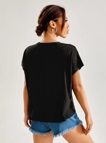 SHEIN Essnce Áo thun nữ Tranh thêu màu trơn Giải trí - màu đen - Xem 2