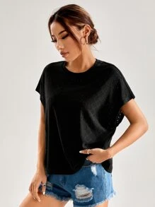 SHEIN Essnce Áo thun nữ Tranh thêu màu trơn Giải trí - màu đen - Xem 3