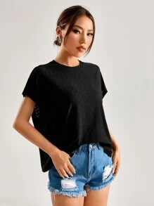 SHEIN Essnce Áo thun nữ Tranh thêu màu trơn Giải trí - màu đen - Xem 4