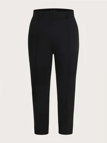 SHEIN MOD Plus Solid Belted Pants - Black - View 1