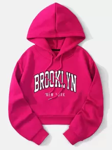 INAWLY Letter Graphic Thermal Lined Drawstring Crop Hoodie,Long Sleeve Tops Fall Cloth For Women - Hot Pink - View 1