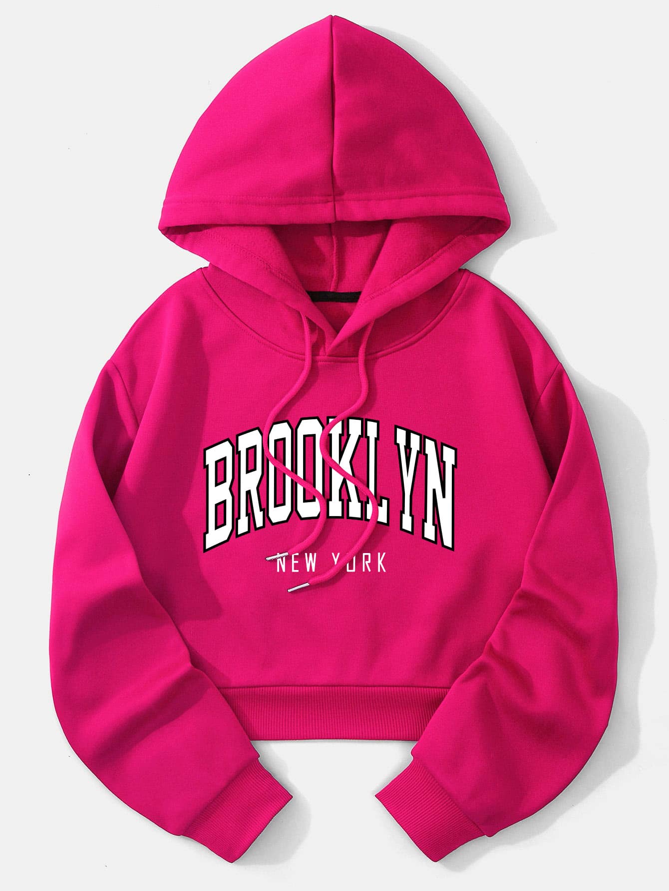 INAWLY Letter Graphic Thermal Lined Drawstring Crop Hoodie,Long Sleeve Tops Fall Cloth For Women - Hot Pink - View 1
