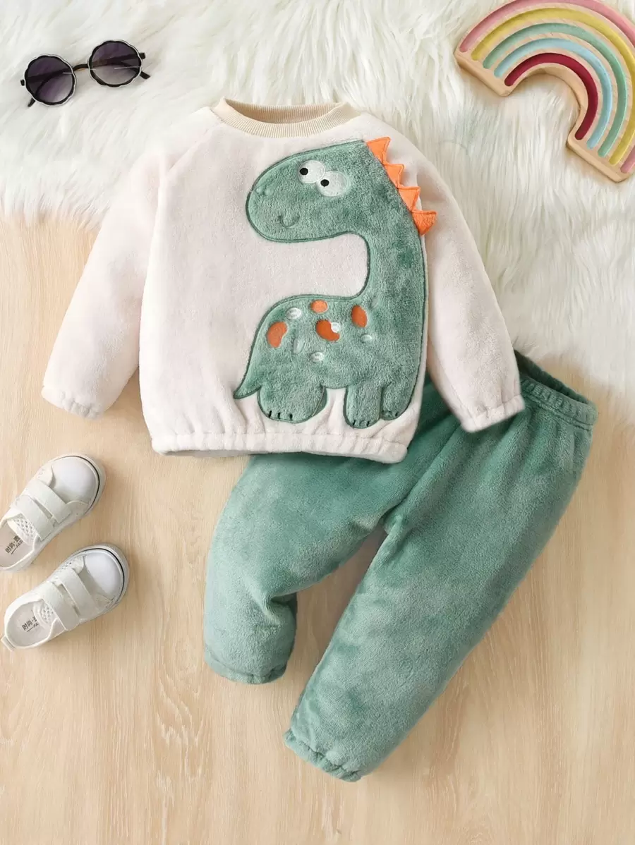 Bebé niño Pullover con bordado de dinosaurio de manga raglán con pantalones - Multicolor - Ver 1
