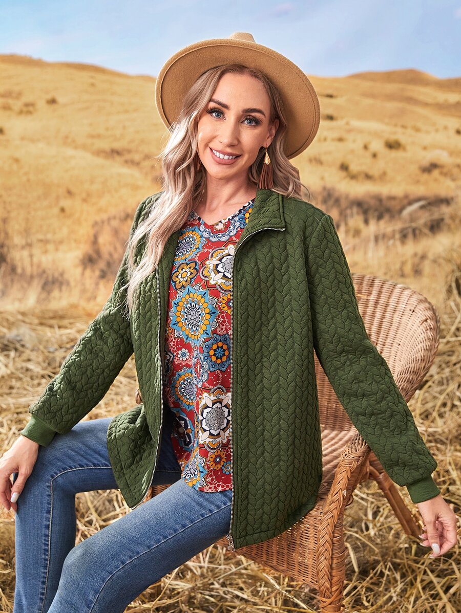 Solid Zip Up Coat - Army Green - View 1