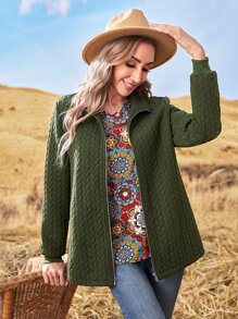 Solid Zip Up Coat - Army Green - View 3