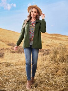 Solid Zip Up Coat - Army Green - View 4