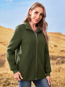 Solid Zip Up Coat - Army Green - View 5