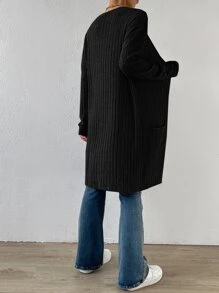 SHEIN Essnce Abrigo con doble bolsillo de hombros caídos con parte delantera abierta - Negro - Ver 2