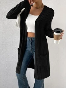 SHEIN Essnce Abrigo con doble bolsillo de hombros caídos con parte delantera abierta - Negro - Ver 3