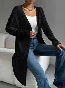 SHEIN Essnce Abrigo con doble bolsillo de hombros caídos con parte delantera abierta - Negro - Ver 4