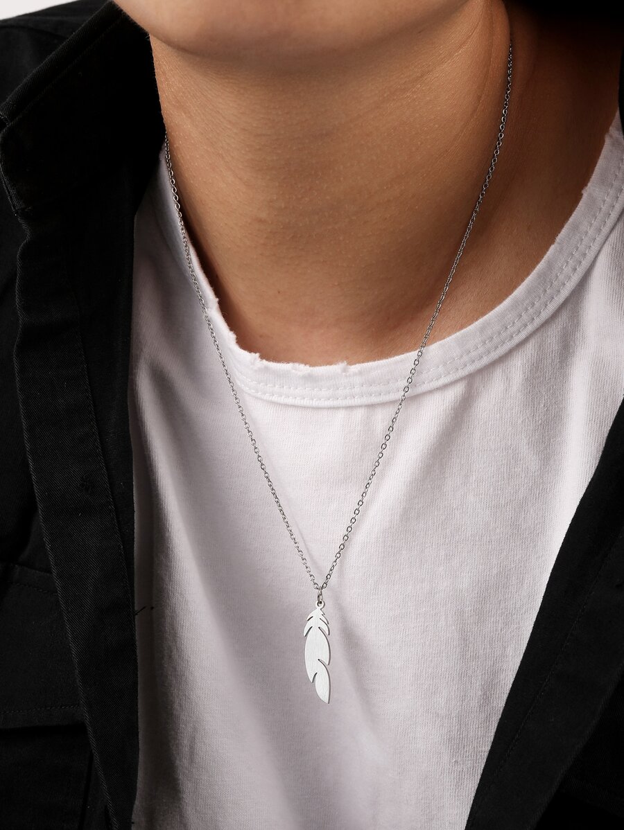 Dellgoo Fashionable and Popular Men Feather Pendant Necklace Stainless Steel for Jewelry Gift and for a Stylish Look - Silver - View 1