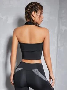 Yoga Basic 前拉鏈短款運動掛脖上衣 - 黑色 - 查看 2