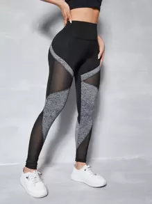 Easithlete 双色宽腰带明线网眼拼接紧身裤瑜伽女裤