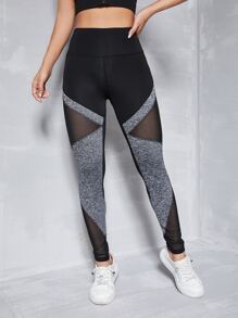 Easithlete 双色宽腰带明线网眼拼接紧身裤瑜伽女裤