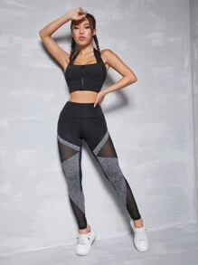 Easithlete 双色宽腰带明线网眼拼接紧身裤瑜伽女裤