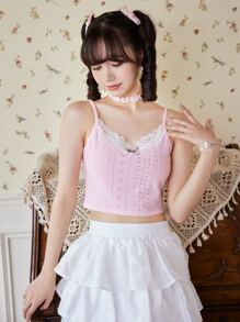 ROMWE Kawaii Contrast Lace Pointelle Cami Top - Baby Pink - View 1