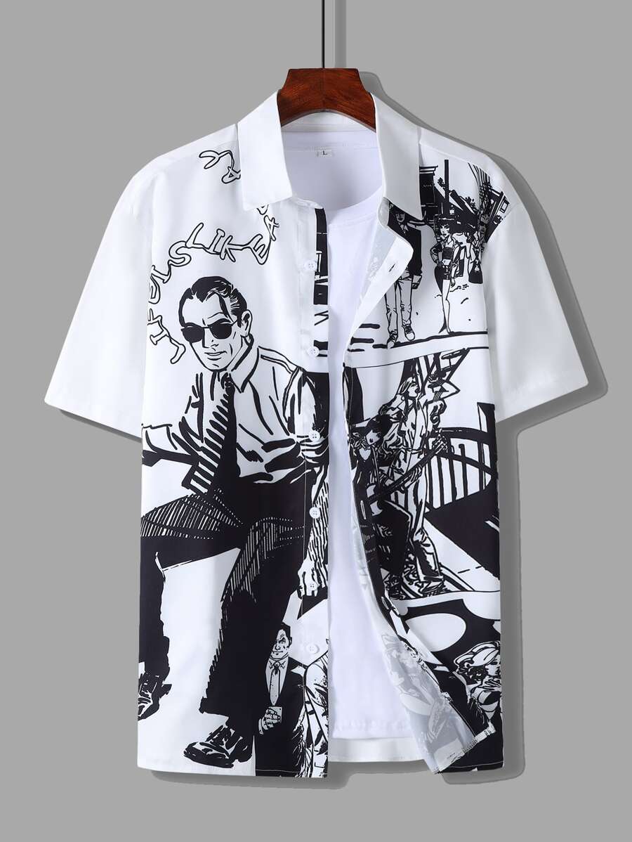 Manfinity Hypemode Áo sơ mi Nam Nút phía trước Con số Lá thư Đường phố - Đen và trắng - Xem 1