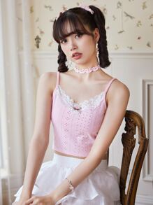 ROMWE Kawaii Contrast Lace Pointelle Cami Top - Baby Pink - View 2