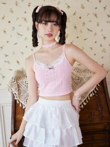 ROMWE Kawaii Contrast Lace Pointelle Cami Top - Baby Pink - View 3