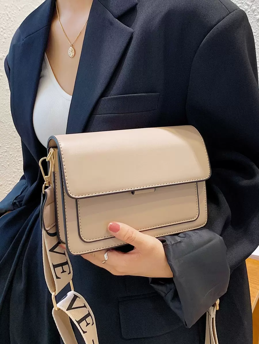 Fashionable Simple Flip Bag Wide Strap Crossbody Bag (random Side Metal Buckle) - Khaki - View 1