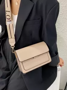 Fashionable Simple Flip Bag Wide Strap Crossbody Bag (random Side Metal Buckle) - Khaki - View 2