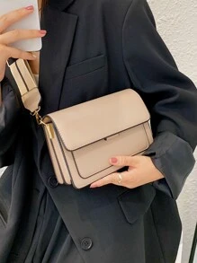 Fashionable Simple Flip Bag Wide Strap Crossbody Bag (random Side Metal Buckle) - Khaki - View 3