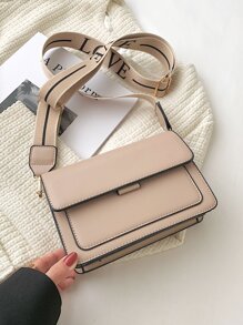 Fashionable Simple Flip Bag Wide Strap Crossbody Bag (random Side Metal Buckle) - Khaki - View 6