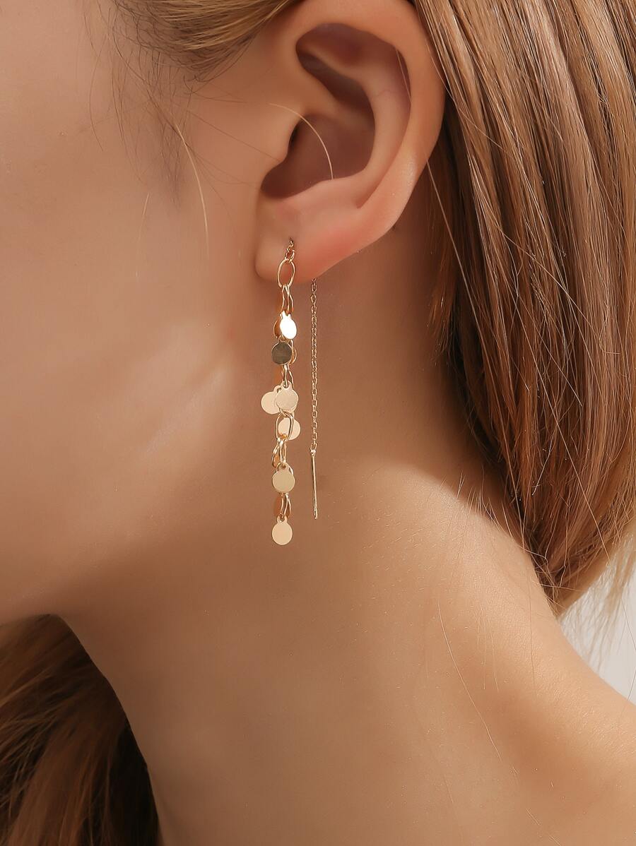 Disc Decor Threader Earrings - Yellow Gold - View 1