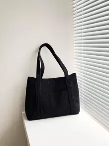 Double Handle Corduroy Shopper Bag, Minimalist Style Women Bag School Bag,Back To School Backpack,Large Capacity,Laptop Compartment,Portable, Suitable For Teen Girls Women College Students, Perfect For Back To School,College,Middle School, High School, Fashionable Tote Bag With Zipper, Perfectly Matching With Fall Outfits Women - Black - View 5