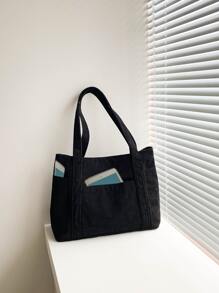 Double Handle Corduroy Shopper Bag, Minimalist Style Women Bag School Bag,Back To School Backpack,Large Capacity,Laptop Compartment,Portable, Suitable For Teen Girls Women College Students, Perfect For Back To School,College,Middle School, High School, Fashionable Tote Bag With Zipper, Perfectly Matching With Fall Outfits Women - Black - View 8