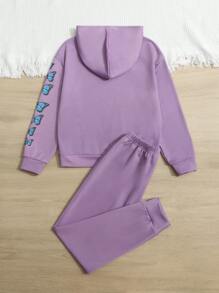 SHEIN 女孩蝴蝶圖案連帽衫和運動褲 - 紫色 - 查看 2