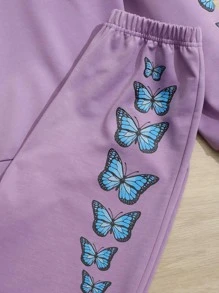 SHEIN 女孩蝴蝶圖案連帽衫和運動褲 - 紫色 - 查看 3