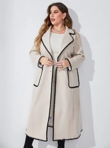 Modelyn Plus Contrast Binding Double Pocket Overcoat Without Belt - Beige - View 6