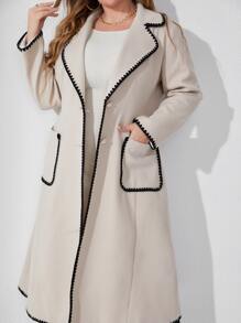 Modelyn Plus Contrast Binding Double Pocket Overcoat Without Belt - Beige - View 4