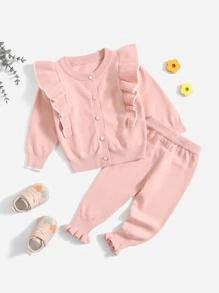 Baby Ruffle Trim Cardigan & Knit Trousers - Baby Pink - View 1