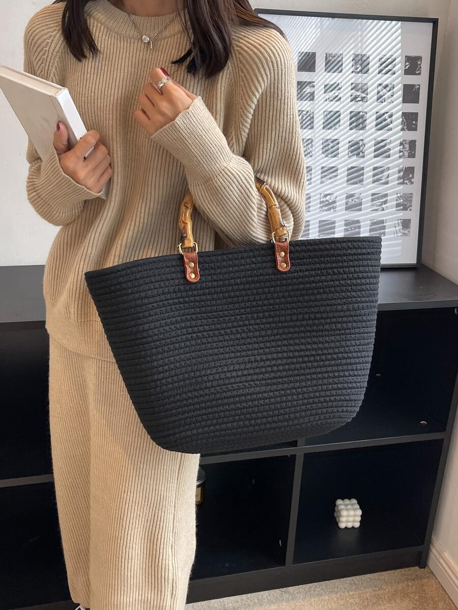 Bolsa con asa con diseño de junta de bambú - Negro - Ver 1
