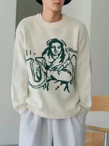 DAZY Suéter de caída con figura y patrón de letra, hombro caído para hombres, 1 pieza - Albaricoque - Ver 1