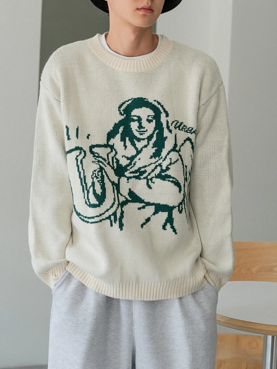 DAZY Suéter de caída con figura y patrón de letra, hombro caído para hombres, 1 pieza - Albaricoque - Ver 1