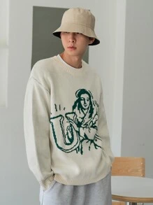 DAZY Suéter de caída con figura y patrón de letra, hombro caído para hombres, 1 pieza - Albaricoque - Ver 3